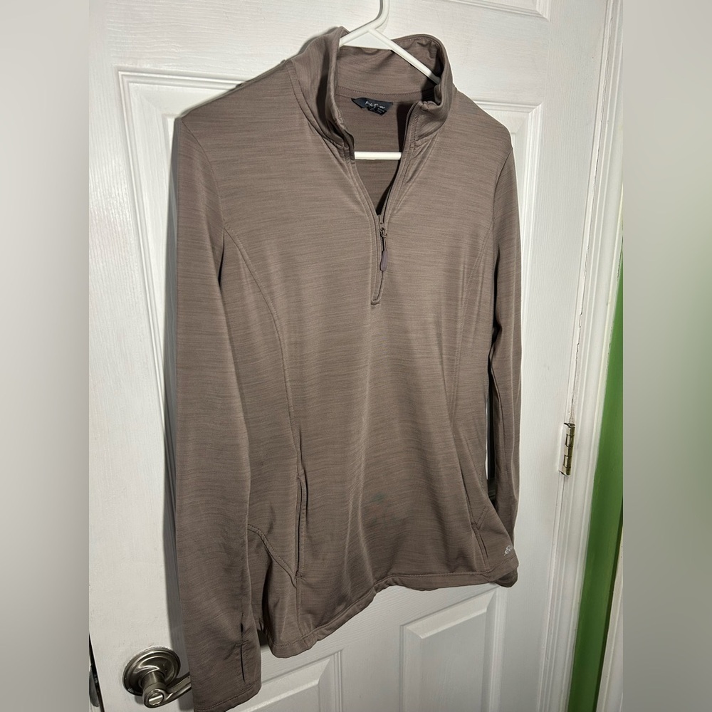 Eddie Bauer Women’s Large Quest Flex 1/4-zip Pullover Taupe Thumbholes Cozy - Picture 2 of 16